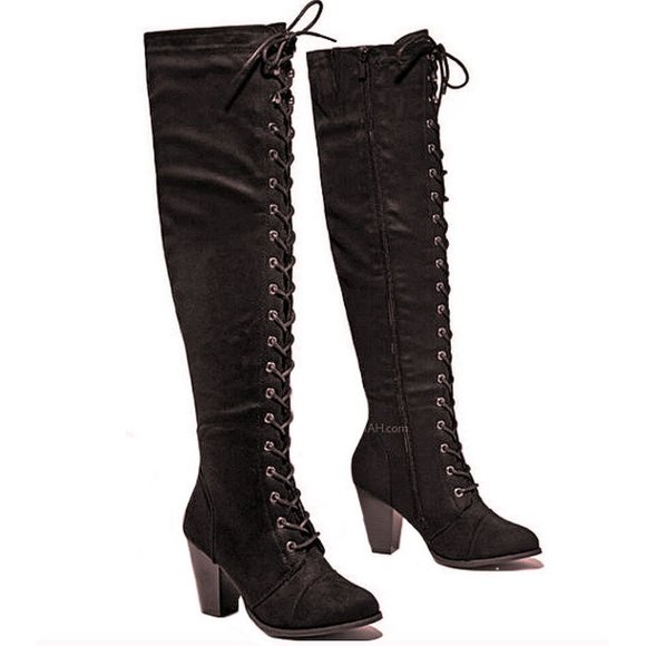 New Brown Over Knee Combat Lace Up Heel Boots Size 6 - Picture 3 of 4